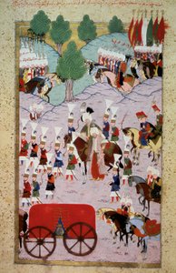 Osmanska riket: representation av Sultan Soliman (Suleyman) Jag sa den magnifika (1520-1566) och hans armé. Miniatyr från "Hunername" av Lokman, vol. 1 (H 1523, f.7) 1584 Topkapi Sarayi Museum Library Istanbul av Ottoman School