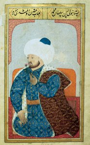 Porträtt av sultanen av det osmanska riket Mehet II (Mehmet II erövraren eller Mehmed II Fatih) (1430-1481) Miniatyr från manuskriptet "" Mänsklig fysiognomi (Om ottomanernas personliga dispositioner) av Seyyid Lokman Hussein. (Ms. ty6087 folio av Ottoman School