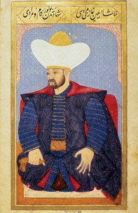 Porträtt av sultanen av det osmanska riket Murad I (1326-1389) Miniatyr från manuskriptet "" Mänsklig fysiognomi (Om personliga arrangemang av ottomanerna) av Seyyid Lokman Hussein. (Ms. ty6087 folio 27b) av Ottoman School
