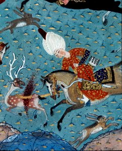 Representation av sultan Murad II (Murat) (1404-1451) hovmän som jagar rådjur och hare Detalj. 1600-tals miniatyr. Istanbul, Topkapi Sarayi Museum Library av Ottoman School