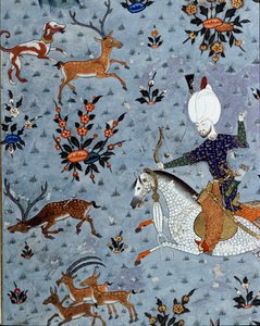 Representation av hovmännen för Sultan Murad II (Murat) (1404-1451) som jagar rådjur Detalj. 1600-tals miniatyr. Istanbul, Topkapi Sarayi Museum Library av Ottoman School