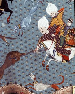 Representation av Sultan Murad II:s hovmän (Murat) (1404-1451) som jagar Fawn Detail. 1600-tals miniatyr. Istanbul, Topkapi Sarayi Museum Library av Ottoman School