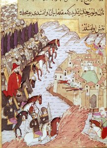 Andra korståget (1147-1149): korstågen framför staden Aleppo i Syrien. 1500-tals miniatyr. Topkapi Sarayi Istanbul av Ottoman School