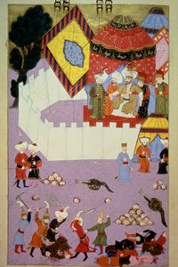 Mordet på Sultan Murad I (1326-1389) av den serbiske riddaren Milos Obilic (Kobilic eller Kobilovic) (död 1389) i slaget vid Kosovo efter ottomanernas seger över serbernas miniatyr från Lokmans "Hunername", vol. 1 (H 1523, f.7) 1584 Till