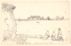 En dam och två barn vid Guldborgsund. Nykøbing Falster. av P.C. Skovgaard