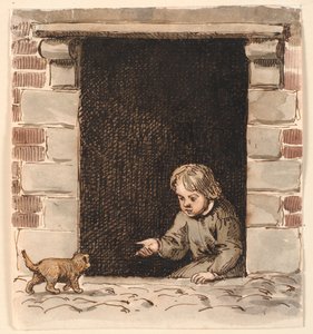 En pojke som sitter i en källardörr vinkar en valp. av P.C. Skovgaard