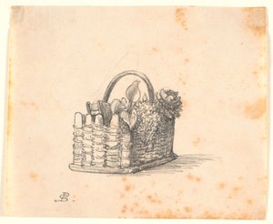 En flätad korg med växter och en bok. av P.C. Skovgaard