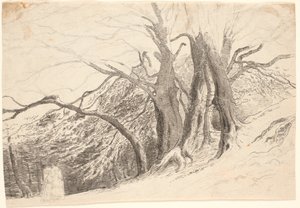 En bluff med stora träd i en skog, med två gående damer. av P.C. Skovgaard