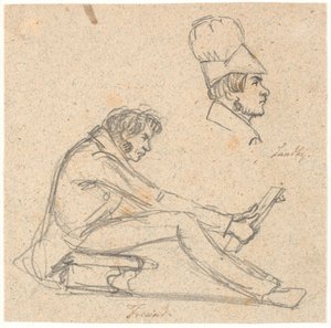 HAN. Freund sitter på en pall och tittar på en teckning. Ovanför t.h. profilporträtt av J. Th. Lundbye. av P.C. Skovgaard