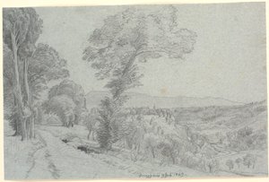 Italienskt bergslandskap med utsikt mot "Genazzano 9 Juli 1869.". av P.C. Skovgaard