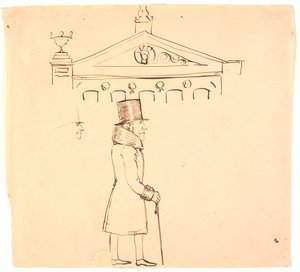 Karikatyr av en pälsklädd herre utanför kasinot. av P.C. Skovgaard