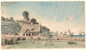 Kustlandskap med hus med halmtak. av P.C. Skovgaard