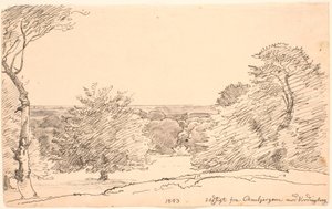 Landskap med träd och vid utsikt från Ambjergene mot Vordingborg. av P.C. Skovgaard