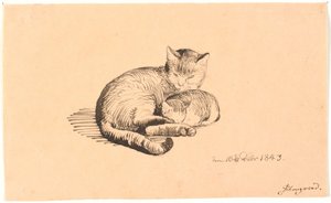 Liggande katt med sin kattunge. av P.C. Skovgaard