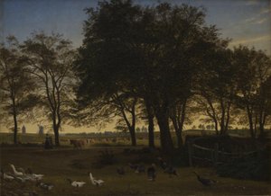Fest på Iselingen. I bakgrunden Vordingborgs kyrka och Gåstornet. septemberkväll av P.C. Skovgaard