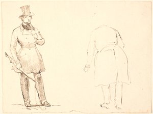 Stående herre med paraply och t.h. böjande herre sedd bakifrån av P.C. Skovgaard