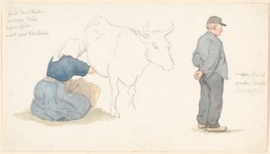 Studietidning med tjej som mjölkar en ko, t.h. stående bonde. av P.C. Skovgaard