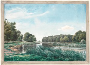 Trädrikt landskap med en sjö och tre barn som står och fiskar. av P.C. Skovgaard