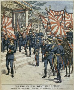 Hans kejserliga majestät Mutsuhito, kejsare av Japan, ger flaggorna till sina trupper, illustration från 