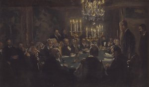 Kompositionsskiss till "Ett möte i Vetenskapssamfundet" i Vetenskapssamfundet av Peder Severin Krøyer