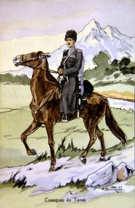 Vykort föreställande en Terek Cossack, ca 1914 (lito i färg) av P. (after) Dmitroff