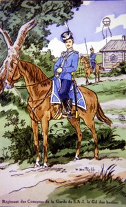 Vykort som föreställer en ryttare från Regiment des Cosaques de la Garde de S.A.I. av P. (after) Dmitroff