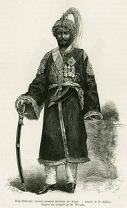Jang Bahadur (1816-1877), Nepals premiärminister. Gravyr av P.Sellier för att illustrera berättelsen Voyage au Nepal, av Dr. Gustave Le Bon (1841-1931), i le tour du monde 1886, regisserad av Edouard Charton (1807-1890), Hachette, Paris. av P. (after) Sellier