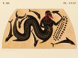 Tryck av dekorationen på en grekisk amfora, visar Poseidon ackompanjerad av delfiner, ca. 1858 (akvarell och kroppsfärg över litho på vävt papper) av P. Bineteau