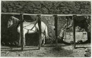 Interiör av ett galleri med berlaine. Gravyr av Ferat, för att illustrera berättelsen "" Belgien", av Camille Lemonnier (1844-1913) belgisk författare. Publicerad i Le Tour du monde, nouveau journal des voyages, 2:a terminen 1884, redigerad av Edouard Char av P. Ferat