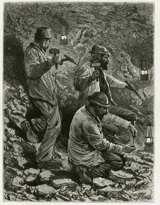 Gruvarbetare som utvinner kol i en åder. Gravyr av Ferat för att illustrera berättelsen "Belgien" av Camille Lemonnier (1844-1913), belgisk författare. Publicerad i Le Tour du monde, nouveau journal des voyages, 2:a halvåret 1884, redigerad av Edouard Char av P. Ferat