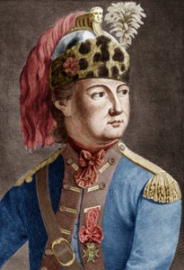 Riddare av Eon (1728-1810), fransk hemlig agent för kungen, han brukade korskläda sig, gravera färgat dokument av P. Jean Baptiste Bradel