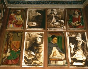 Studien av Federigo da Montefeltro, hertig av Urbino, medurs från TL: Euklides av Megara, grekisk filosof (450-374 f.Kr.); Vittorino da Feltre, italiensk pedagog (1378-1446); Solon, atensk lagstiftare av P. Joos van Gent and Berruguete