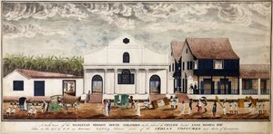 En södervy av Wesleyan Mission House, Colombo på ön Ceylon, uppfört Anno Domini 1816, ca 1816 (akvarell) av P. van Houten