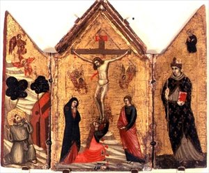 Korsfästelsetriptyk med St. Francis som tar emot Stigmata och St. Benedict