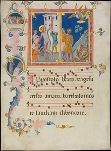 Manuskriptblad med Saint Bartholomews martyrskap, från en Laudario, ca. 1340.