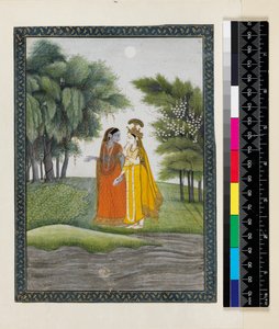 Krishna och Radha går förbi Jumna i månskenet efter att ha bytt kläder, från 