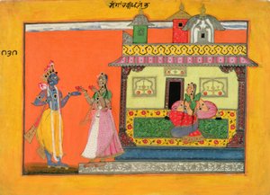 Krishna anländer till Radhas hus, illustration från ett manuskript av Rasamanjari från Bhanudatta, Basholi-stil, ca 1660-70