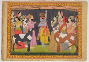 Krishna lyfter berget Govardhana, från Bhagavata purana, Kulu, Himachal Pradesh, 1749