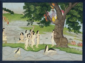 Krishna stjäl Gopies kläder, från Bhagavata purana, Kangra, Himachal Pradesh, 1780