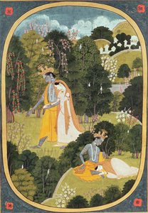 Radha och Krishna går i en lund, Kangra, Himachal Pradesh, 1820-25
