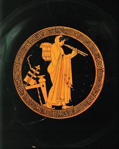 Aulete, en musiker som spelar aulos, en dubbelflöjt ... av Painter Brygos