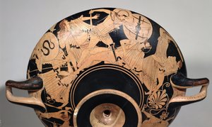 Detalj av en bägare med röd figur på vinden som visar scener från det trojanska kriget, ca 490 f.Kr. (keramik) (se 92562 & 211797 för interiör) av Painter Brygos