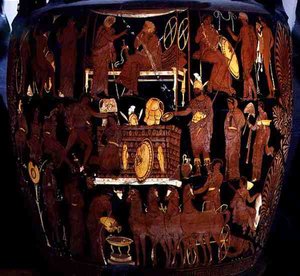 Apulisk volute-krater med rödfigur, detalj av Akilles offer av trojanska fångar vid Patroklos