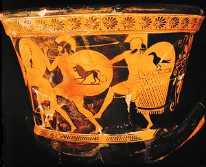 Springande krigare med sköldar och spjut ... av Painter Eucharides