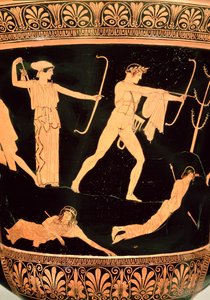 The Death of the Niobids, detalj från en attisk röd-figur calyx-krater, c.450 f.Kr. (keramik) (detalj från 19106, se även 92576) av Painter Niobid