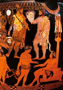 Rödfigursvolutkrater med en skådespelare som håller sin mask, från Ruvo, c.410 f.Kr. (keramik) av Painter Pronomos