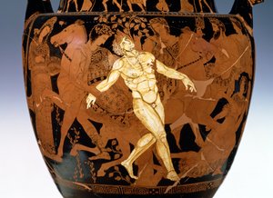 Attisk volutekrater med röd figur som visar bronsjättens död Talos (keramik) (detalj av 85070) av Painter Talos
