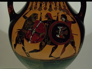 Attic svartfigur amfora dekorerad med en scen av Herakles klädd i ett lejonskinn som slåss mot Cycnus, c.540 f.Kr. (keramik) av Painter of Berlin