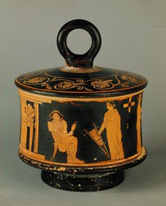 Hushållsscen, två kvinnor i kvinnornas bostad, den ena spinner, den andra håller i en liten handvävstol ... av Painter of the Louvre Centauromach