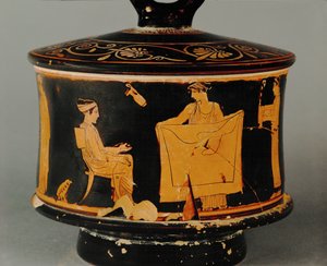 Hushållsscen, en kvinna visar ett tygstycke för den andra... av Painter of the Louvre Centauromach